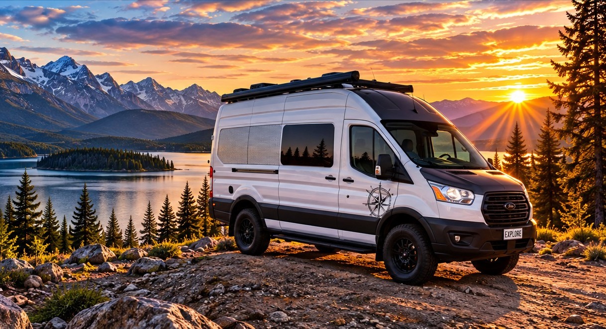 Camper van parked beside a mountain lake at sunset